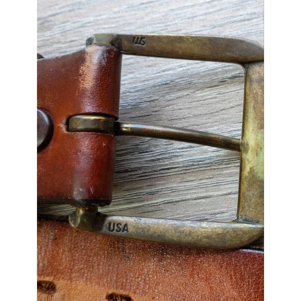 Vintage Tooled Leather Belt Men's Sz 46 Eagle Brass Buckle Made in USA Signed